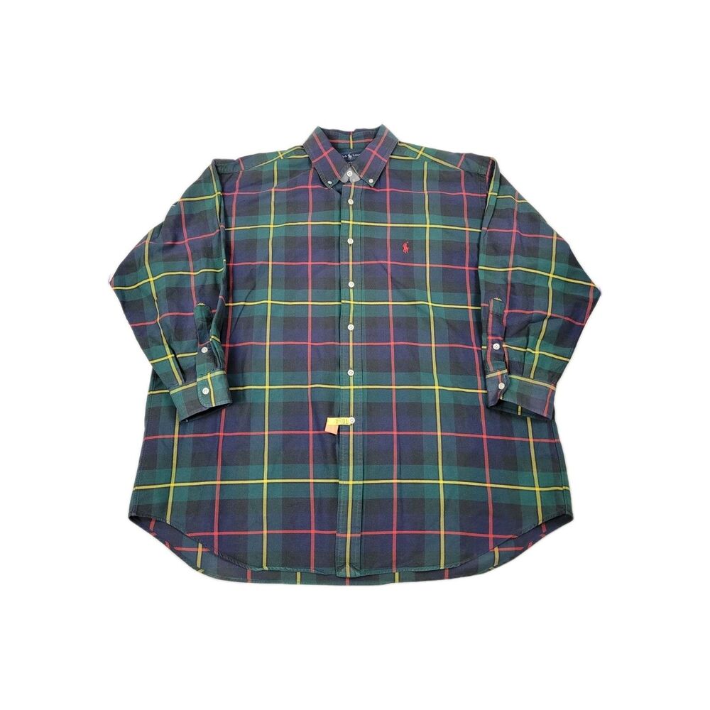 Ralph Lauren Blake Shirt Men XL Blue Yellow Plaid Button Down Short Sleeve Pony